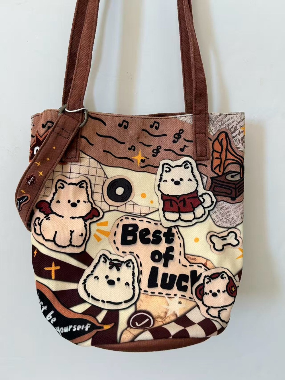 Cute Cartoon Dog Graphic Canvas Tote Bag in Brown & Cream